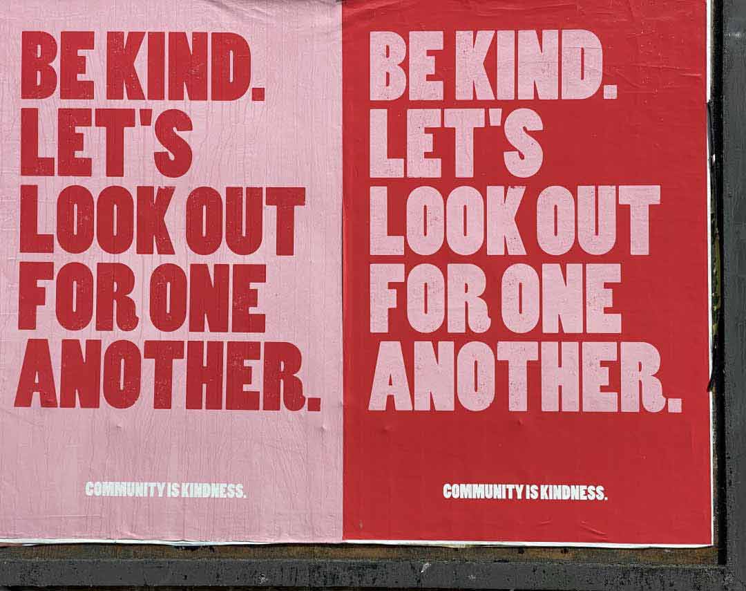 Posters with colors inverted related to community kindness.